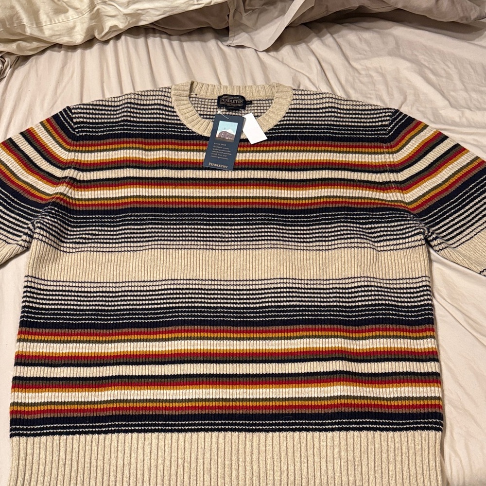 Pendleton Beige and Multicolor Striped Crewneck Sweater